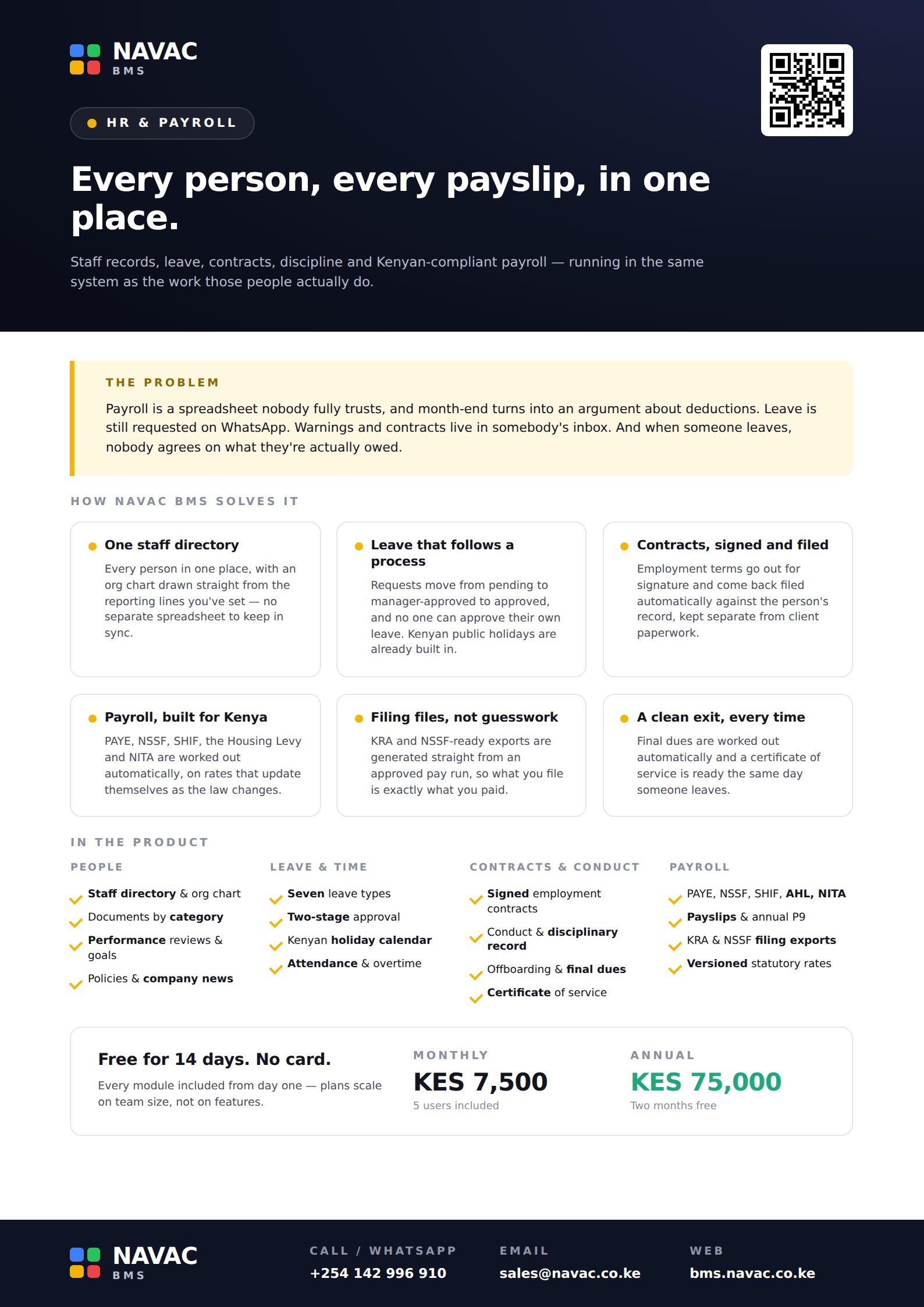 The cover of the NAVAC HR & Payroll product brochure