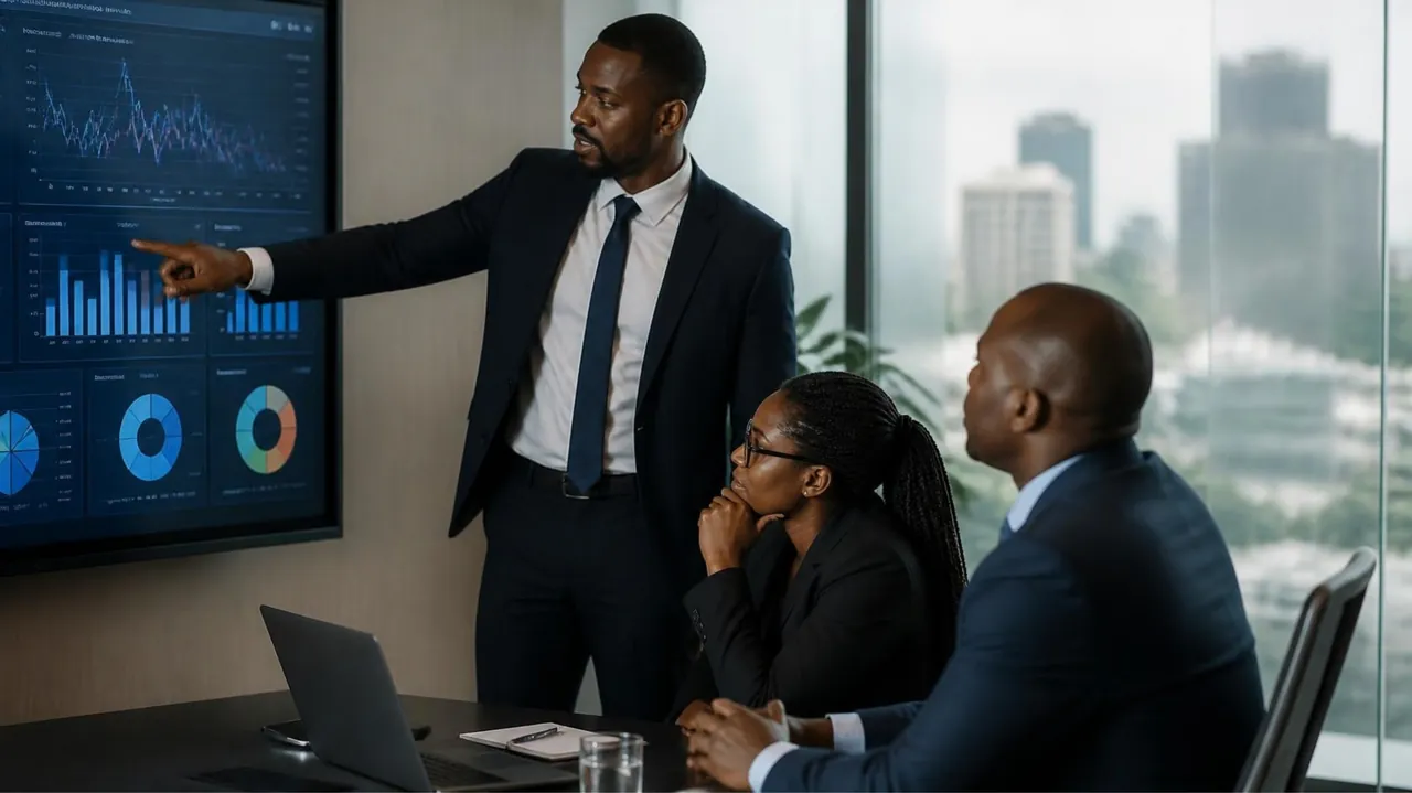 Bank leadership team reviewing a performance dashboard in a Nairobi boardroom