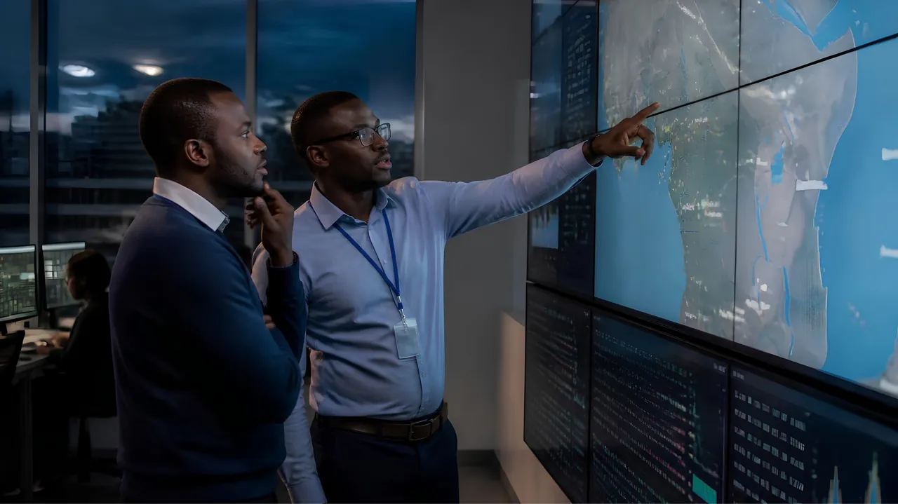 Engineers reviewing a network map on a video wall in an operations centre