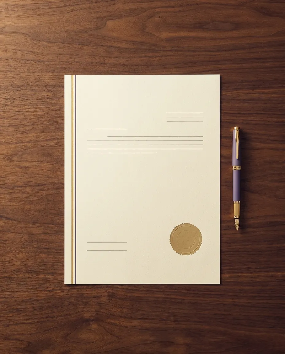 A close, warmly lit shot of a policy document and fountain pen on a desk