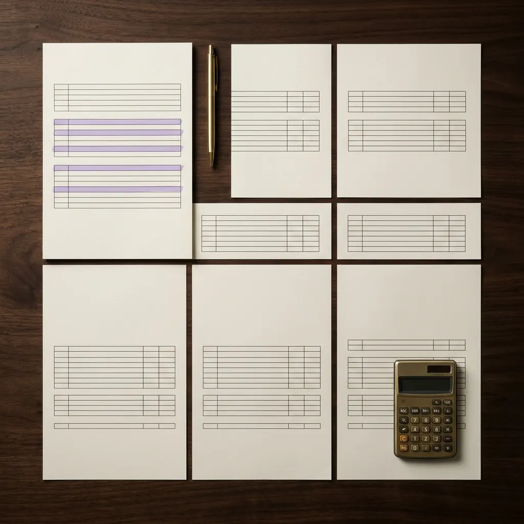 An overhead shot of statement printouts arranged in a grid with a highlighted row and a calculator