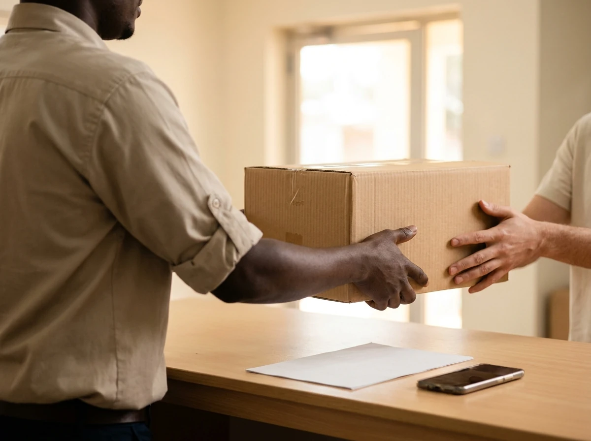 A carton being handed across a counter at a cargo collection point