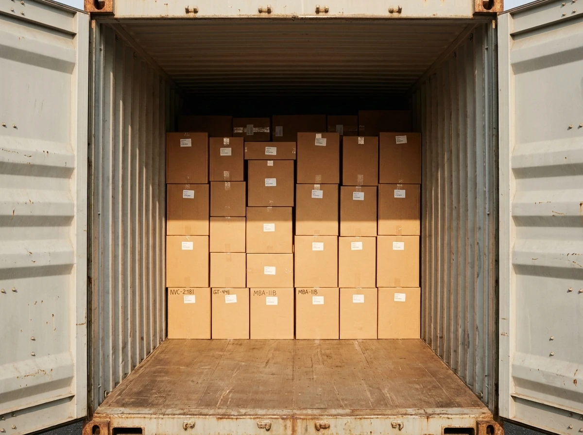 Cartons stacked inside a partially loaded shipping container