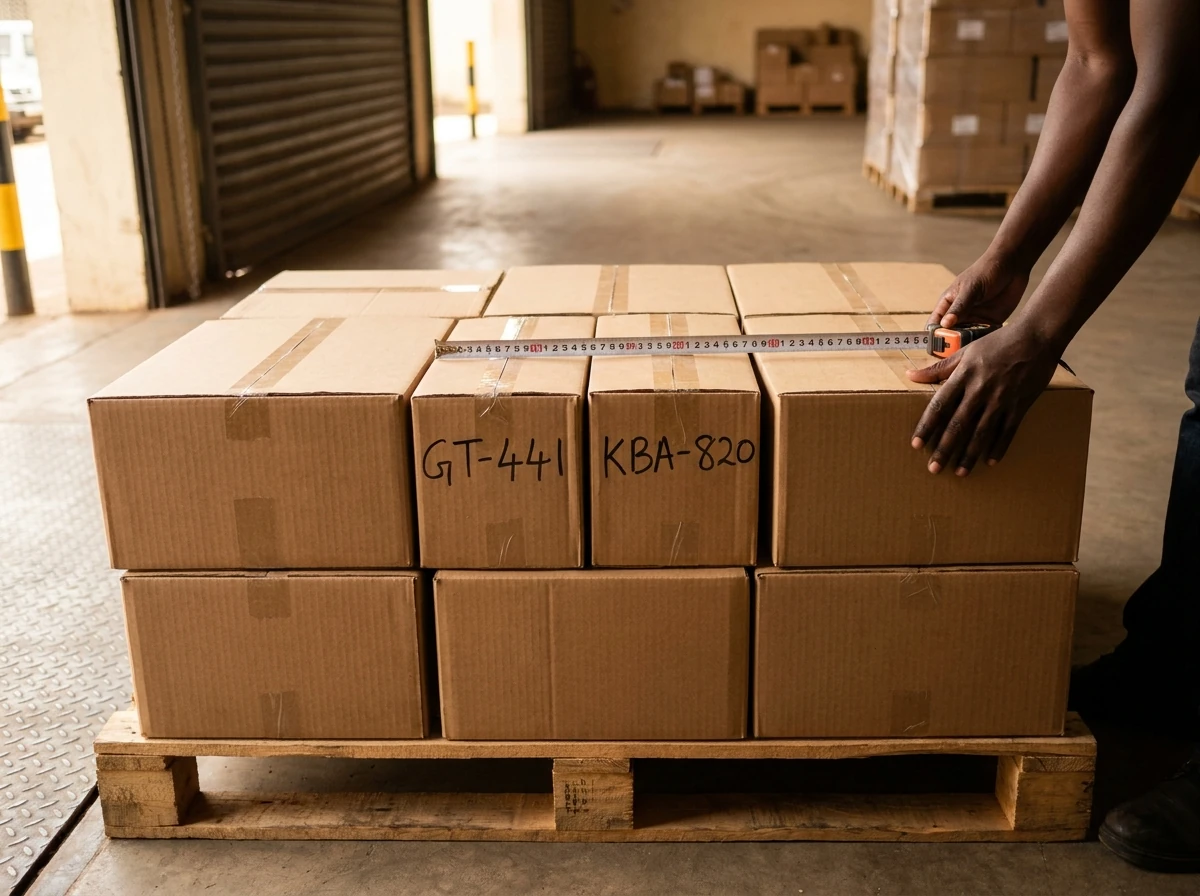 Cartons being registered at a warehouse receiving bay, with a shipping mark written on the side