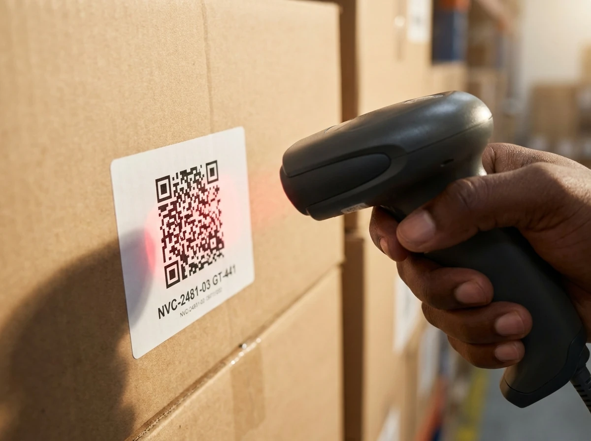 A QR label on a carton being scanned with a handheld barcode scanner