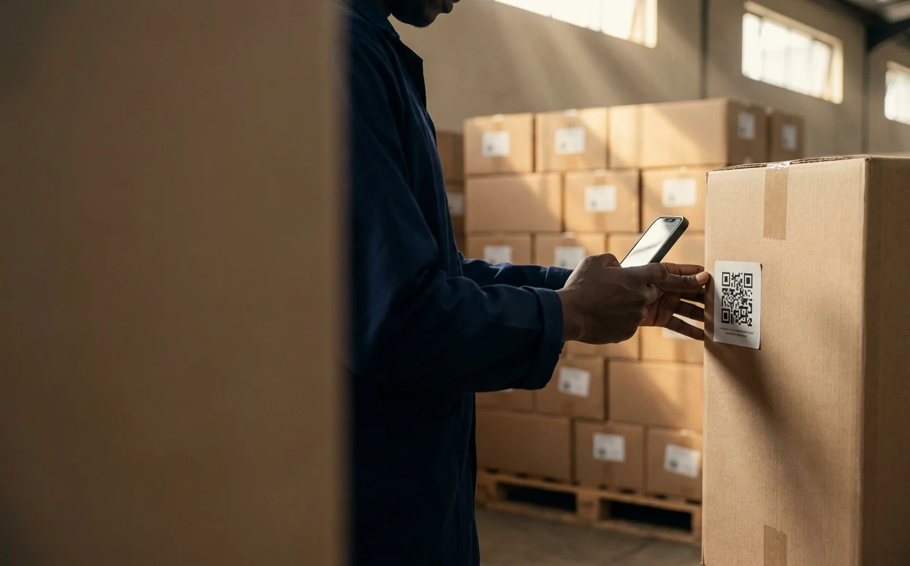 A warehouse worker scanning a QR label on a carton in a NAVAC Logistics warehouse